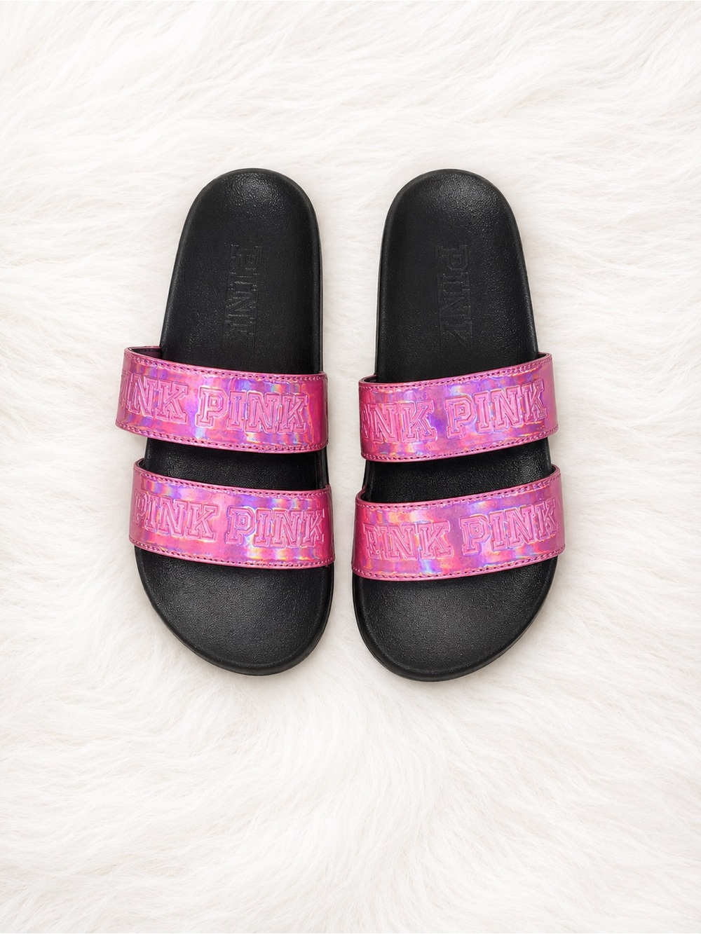 PINK Victoria’s Secret Holographic Pink Slides Women’s Size 7 Y2K Sandals